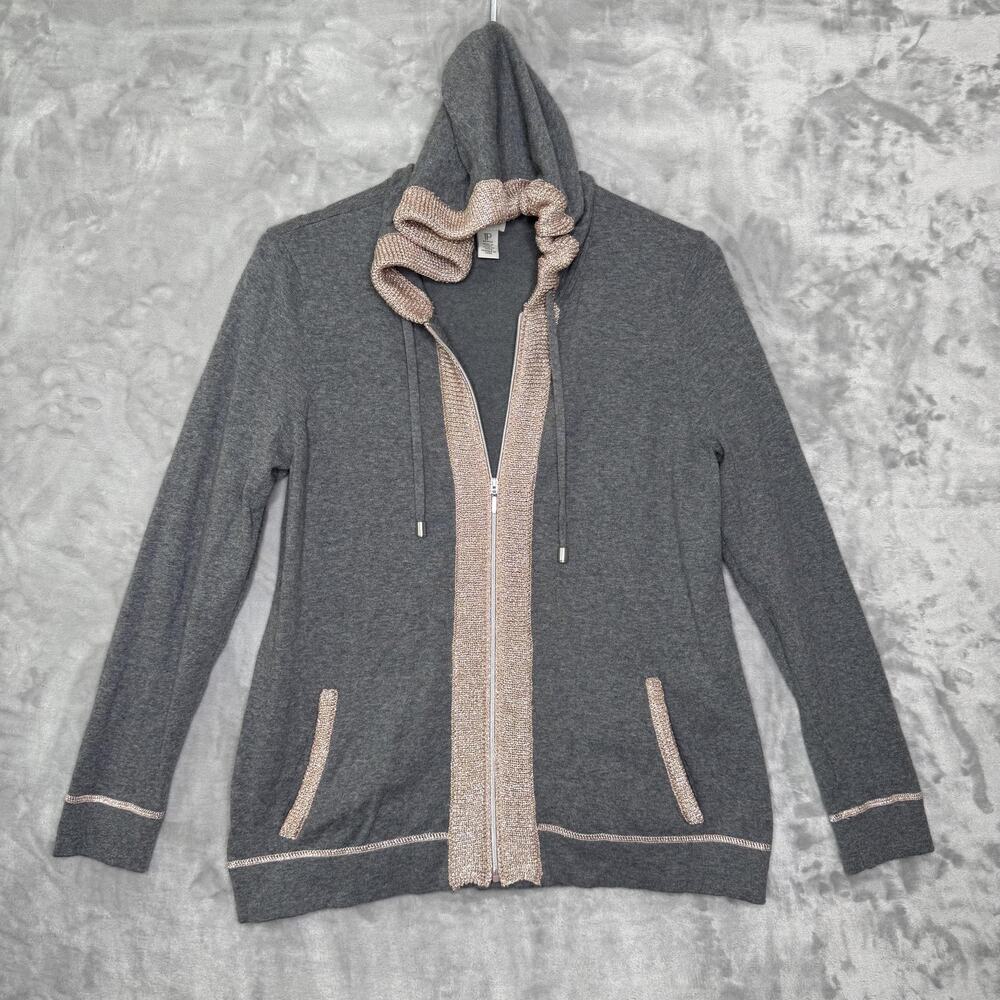 Zenergy by Chicos Jacket Womens Petite MP Hooded Zip Up Metallic Trim Pockets